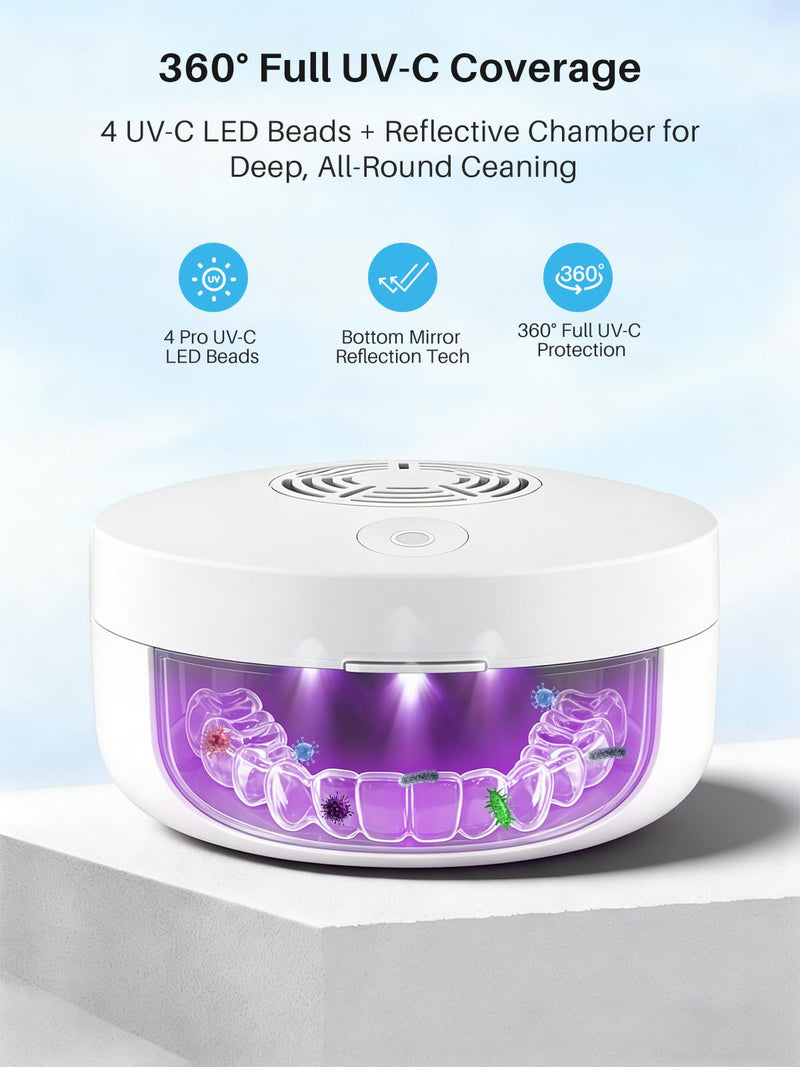 Voraiya UV Retainer Case with Fan, Portable Cleaning Denture Cases with UV Lights Rechargeable Retainers Cleaner Container for Partial Denture, Aligners, Mouth Guard, Night Guard, Braces White