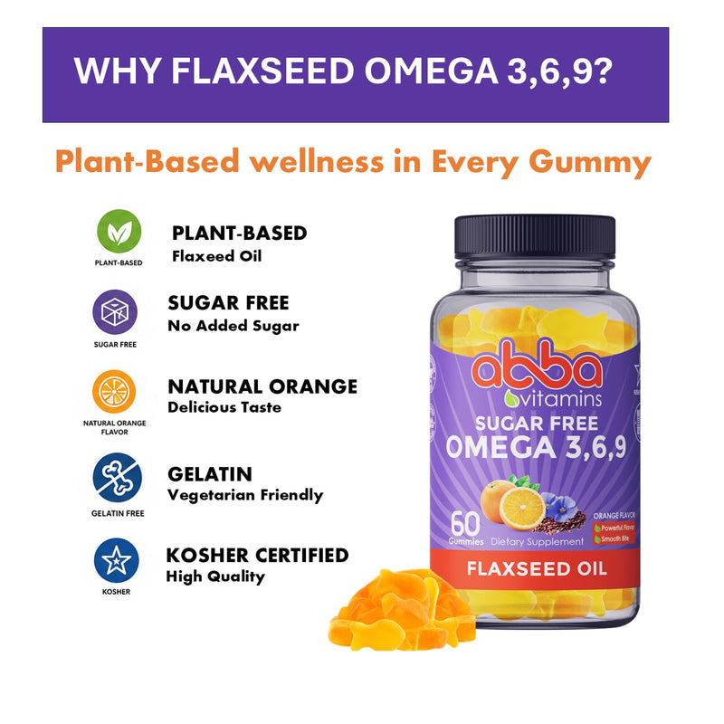Sugar Free Omega 3,6,9 Gummies, Orange Flavor - 60 Count | Sugar Free Plant-Based Omega Gummies