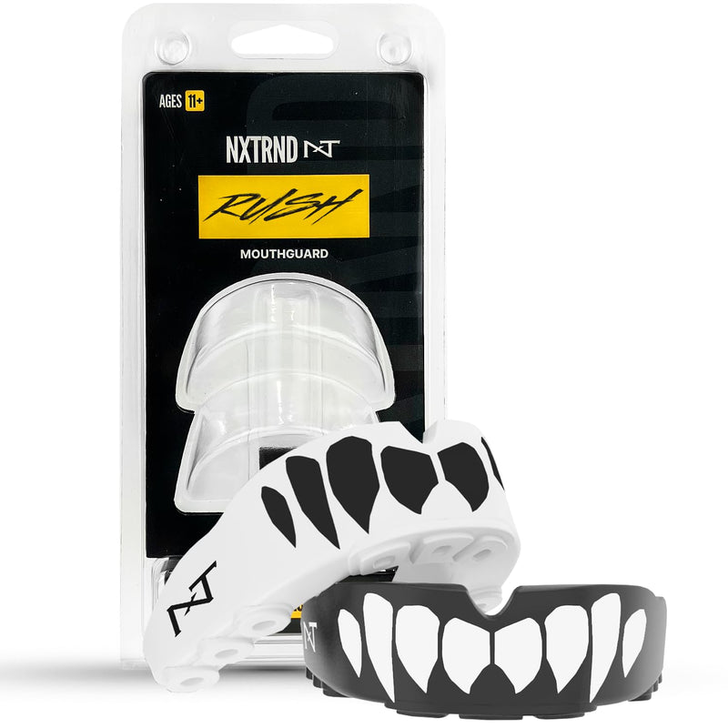2 Pack Nxtrnd Rush Dual Layer Mouthguard, Custom Fit Sports Mouthpiece for Football, Boxing, MMA, Basketball, Hockey, Lacrosse, Youth & Adult (Black & White Fangs) Black & White Fangs