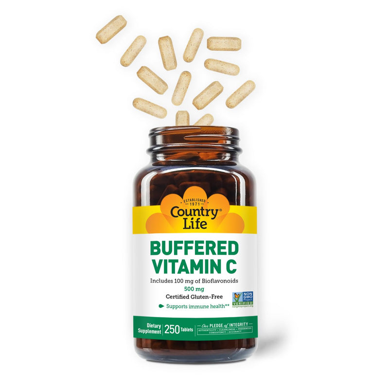 Country Life Vitamin C Buffered with Bioflavonoids, 500mg, 250 Tablets, Certified Gluten Free, Certified Vegan