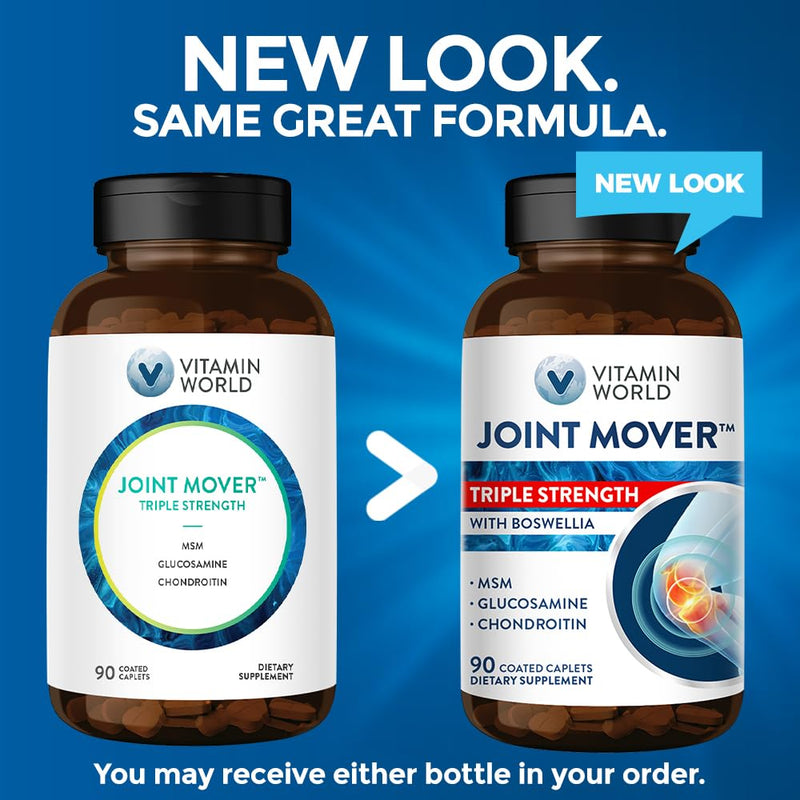 Vitamin World Triple Strength Joint Mover, Glucosamine Chondroitin with MSM | Joint Support Supplement, Collagen & Boswellia Serrata Extract, Support Joint Strength, Comfort & Flexibility, 90 Caplets 90 Count (Pack of 1)