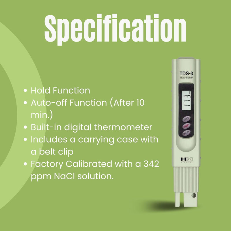 HM Digital TDS-3 Handheld TDS Meter With Carrying Case, 0 - 9990 ppm TDS Measurement Range, 1 ppm Resolution, +/- 2% Readout Accuracy - BeesActive Australia