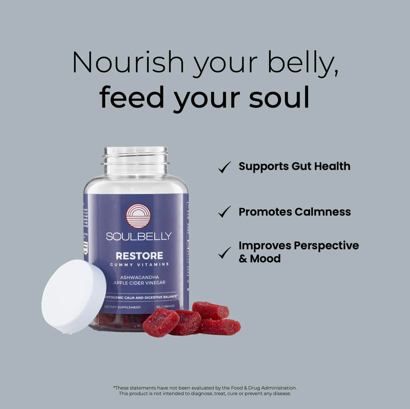 SOULBELLY Ashwagandha + Apple Cider Vinegar Restore Vitamin Gummies for Stress Relief, Gut Support and Better Sleep | Vegan | Gluten-Free | Non-GMO | 60 Count