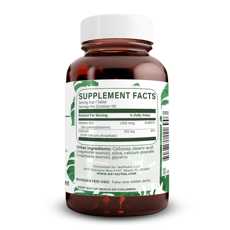 Natural Nutra Vitamin B12 1000 mcg, 100 Vegan Tablets | Promote Heart & Nerve Health, Cobalamin B12 Supplement, Help in Metabolism Health, Optimal Absorption, Gluten-Free,Sugar-Free 100 Count (Pack of 1)
