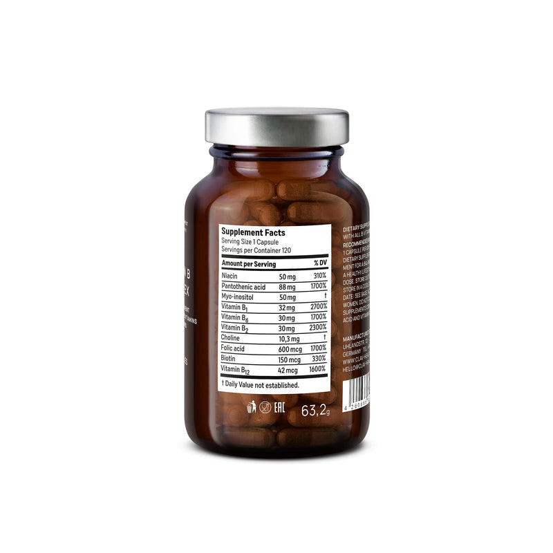 CLAV® Vitamin B Complex, All 8 B Vitamins, High Strength, 120 Capsules | For Energy, Nervous System & Reduced Tiredness, with B1, B2, B3, B5, B6, B12, Myo-Inositol & Choline, in Amber Glass, Vegan