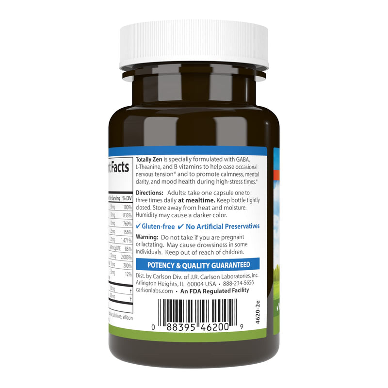 Carlson Totally Zen, GABA, L-Theanine, 30 Capsules | B Vitamins; Healthy Mood; Promotes Calmness & Mental Clarity