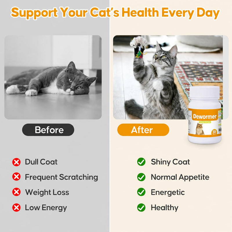 Dewormer for Cats and Kittens, Praz-qantl Tablets Broad Spectrum Dewormer for Tapeworms, Hookworms & Roundworms, 50 Tablets