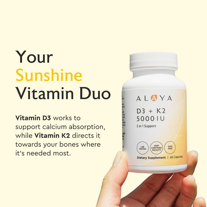Alaya Vitamin D3 K2 5000IU with MK-7 for Bone & Immune Support 60 Capsules