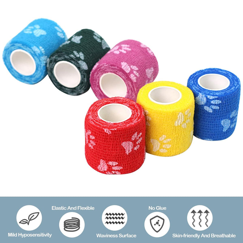 6 Rolls Self-Adhesive Bandage Wrap Non-Woven Vet Wrap Cohesive 2Inchx5yard for Dogs Cats Horse Leg Paw Pet Animals Wounds Wrist Healing Sprains & Swelling 6Rolls 2Inchx5yard Paw Print - BeesActive Australia