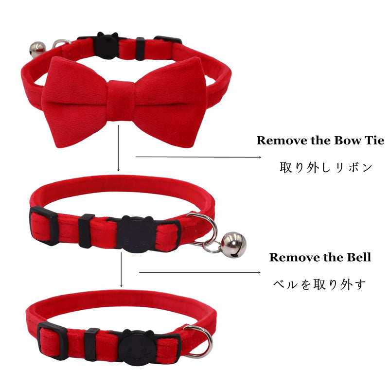 Cat Collar Breakaway with Bell and Removable Bow Tie Safety Buckle Velvet Adjustable 7-11 inches for Kitten Cats (Red) Red - BeesActive Australia