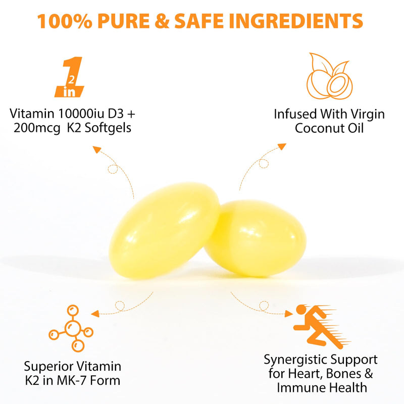 flasture Vitamin D3 K2 Supplement Softgels, 10000 IU VIT D3 + 200 MCG K2 (MK-7) | 2-in-1 Replenish Formula with Coconut Oil, Supports in Calcium Absorption, Easy to Swallow 120 Capsules. 1 Count (Pack of 120)