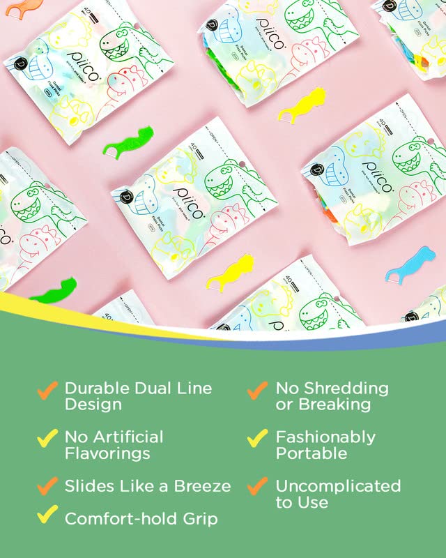 Piico Unflavored Kids Floss - No Fluoride Dual Line Dental Floss Picks - Fun Oral Care in Colorful Floss Sticks Design - Flossers Prevent Tooth Decay & Gum Disease - 300 Playground Dino & Travel Case Dino Playground