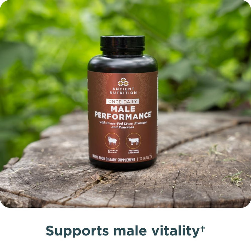 Ancient Nutrition Grass-Fed & Wild Male Performance Tablets, Once Daily | Liver, Prostate, Pancreas Supports Male Performance, Healthy Aging, 30 Count Once Daily Male Performance