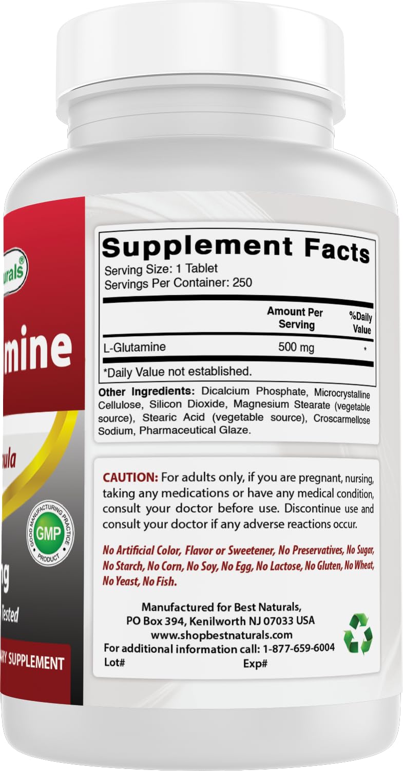 Best Naturals L-Glutamine 500mg, 250 Tablets (250 Count (Pack of 2)) 250 Count (Pack of 2)