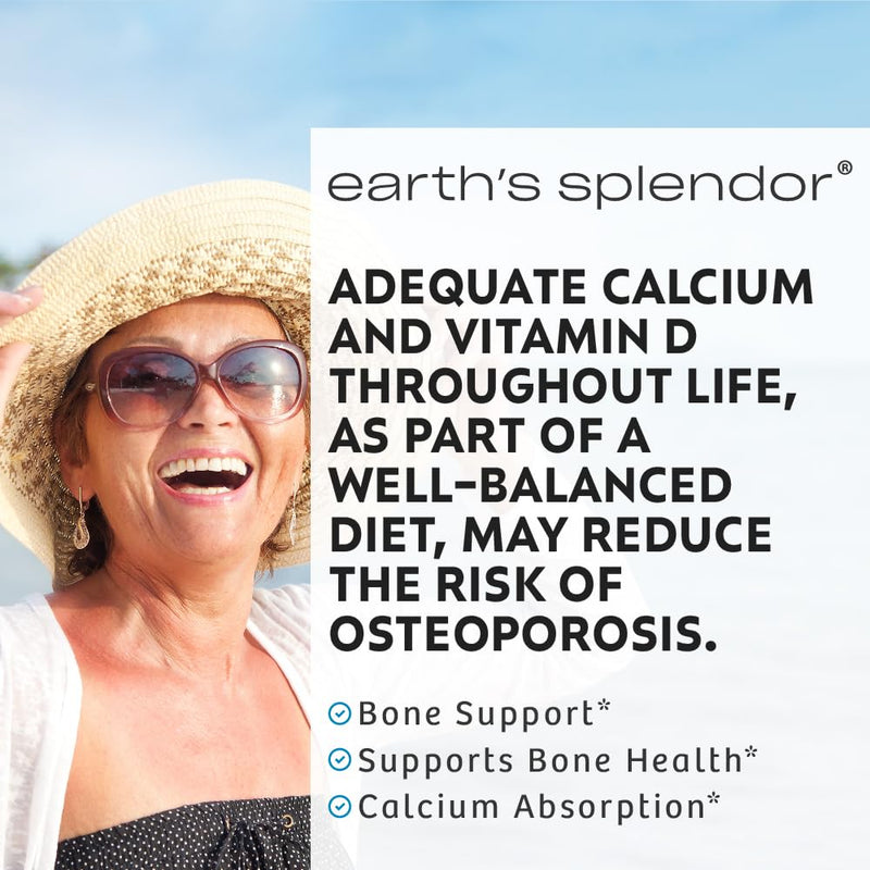 Earth's Splendor Calcium 600mg with Vitamin D Bone Support 120 Tablets | Calcium 600mg with Vitamin D Supplement Bone Health Support Daily Wellness Men Women 120 Tablets Calcium 600 mg + Vitamin D