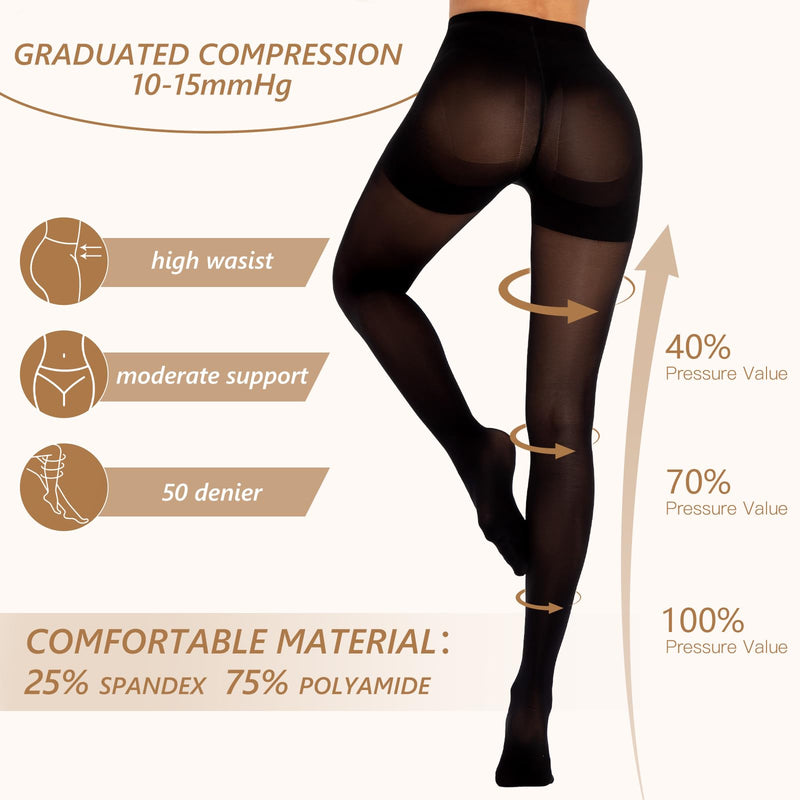 MANZI 2 Pairs Compression Pantyhose for Women Shaping Black Tights 10-15mmHg Support 50D Opaque Stockings Small