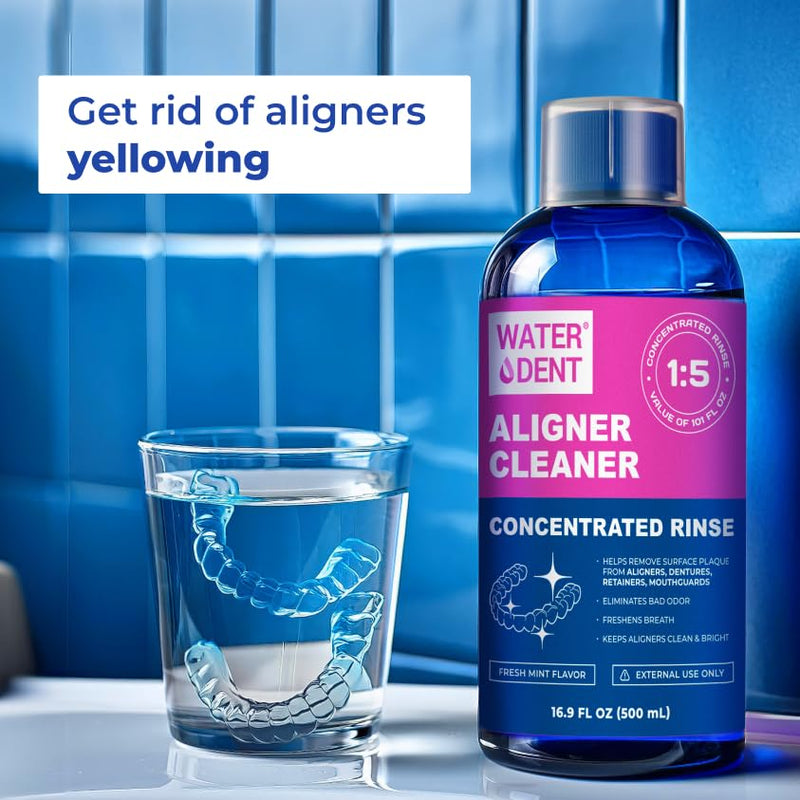 WATER DENT Retainer & Aligner Cleaner – Liquid Soak for Clear Aligners, Retainers, Dentures, Mouth Guards & Night Guards, Ultrasonic Compatible, Alcohol Free, Mint, 16.9 fl oz, Made in USA 16.9 Fl Oz (Pack of 1)