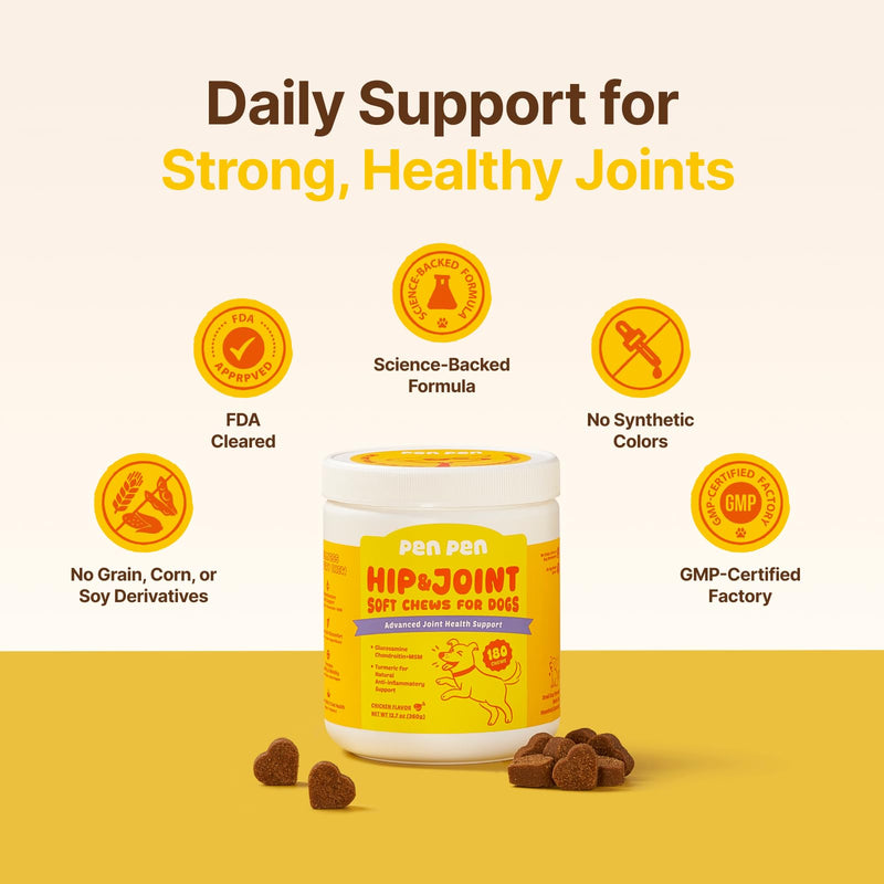 PENPENPET Hip and Joint Supplement for Dogs with Glucosamine for Dogs Chondroitin, MSM, and Turmeric to Support Joint Health, Promote Mobility (Chicken Chews, 180ct)