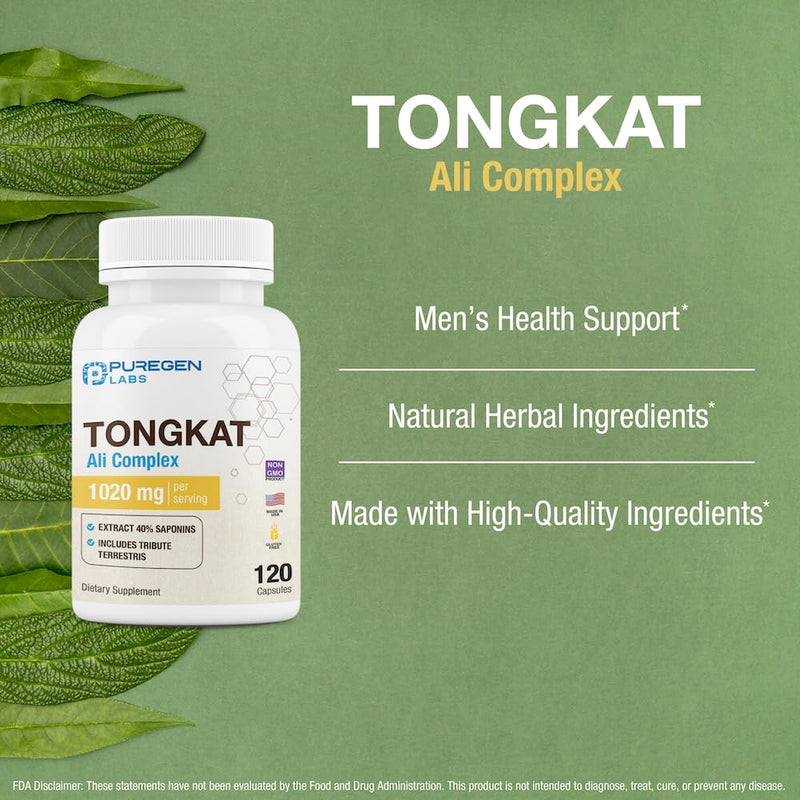 Puregen Labs Tongkat Ali Extract 200 to 1 for Men, 1020mg per Serving, [High Potency] Total 240 Capsules - Men's Health Support with 20mg Tribulus Terrestris | Non-GMO, Gluten Free, Made in USA 2 - BeesActive Australia