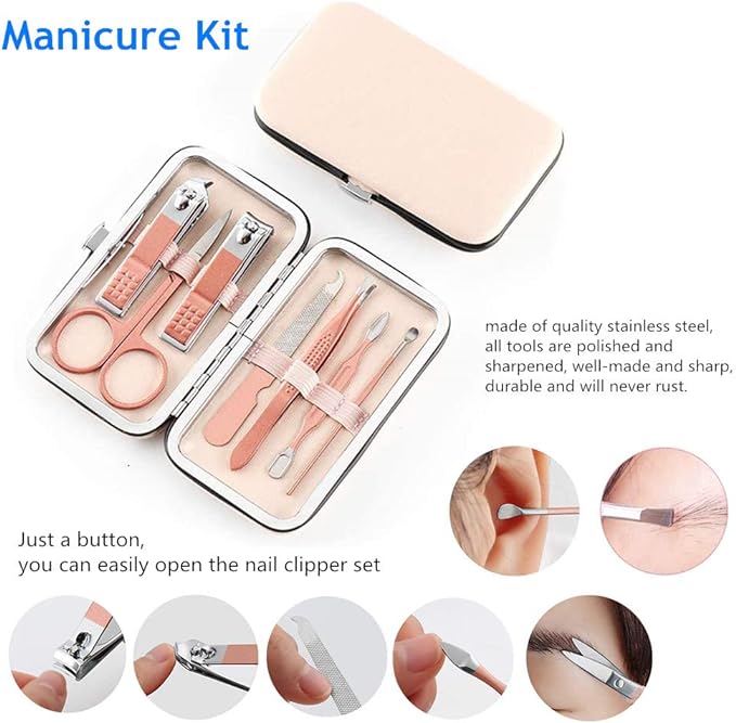 RuiChy Multifunctional Nail Clippers Set Manicure Set Professional Rose Gold Eyebrow Scissors Tweezers Nail File Nail Care Pedicure Grooming Kit with Case for Travel Use(8 Pcs) - BeesActive Australia