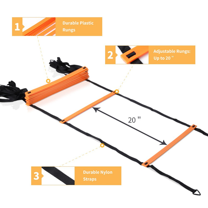 YISSVIC Agility Ladder and Cones 20 Feet 12 Adjustable Rungs Fitness Speed Training Equipment,1 Carry Bags, 10 Cones, 4 Stakes, Basketball, Soccer 20 feet Orange - BeesActive Australia