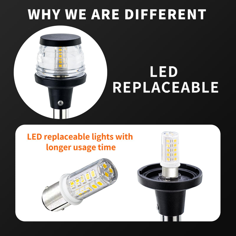 13 Inchs Stern Anchor Light, Navigation Lights, All Round White LED, 2NM Visibility, Stainless Steel Pole, Removable 2 Pin Plug-in Mount, 10-24V DC