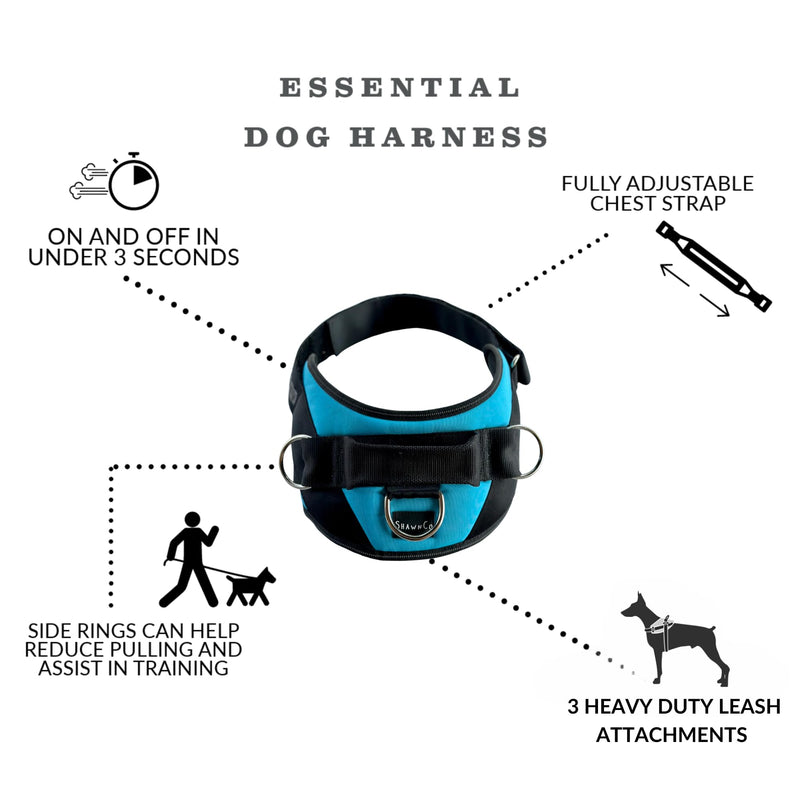 ShawnCo Essential Dog Harness, No-Pull Pet Vest with 3 Leash Clips, No Choke, Reflective, Adjustable and Padded, for Easy Walking and Training for Small, Medium and Large Dogs (Oceanic Blue, S) Oceanic Blue - BeesActive Australia