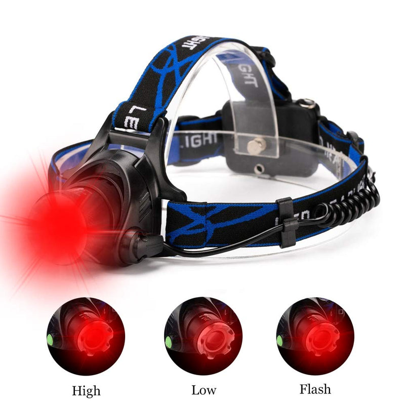 Hunting Red Light Headlamp Zoomable LED Headlight with 3 Lighting Mode and Water Resistant for Running Camping Hiking Reading. 1-Pack