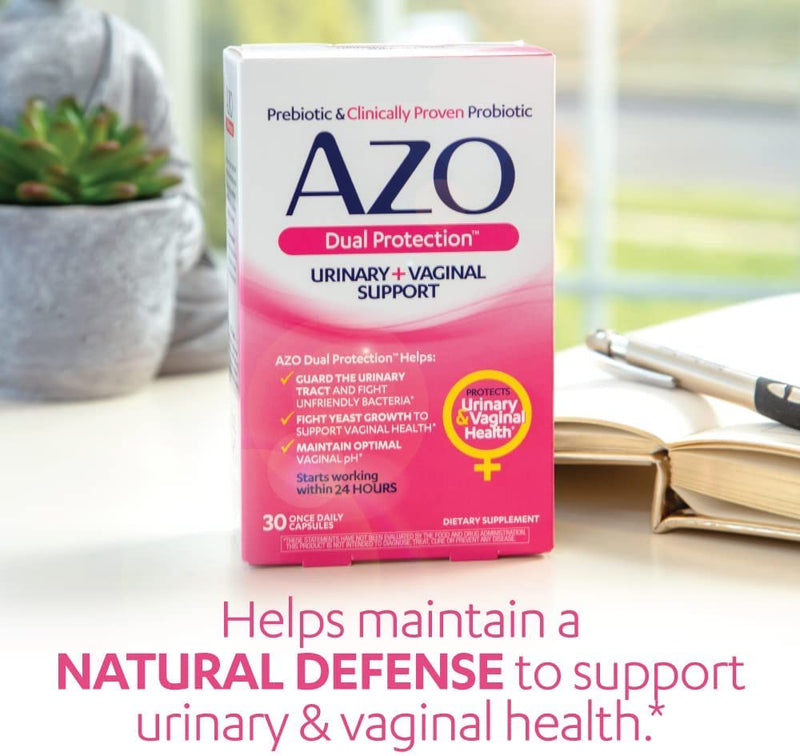 AZO Dual Protection, Urinary + Vaginal Support, Prebiotics and Probiotics for Women*, Starts Working Within 24 Hours, Non-GMO, 30 Count 30 Count (Pack of 1) - BeesActive Australia