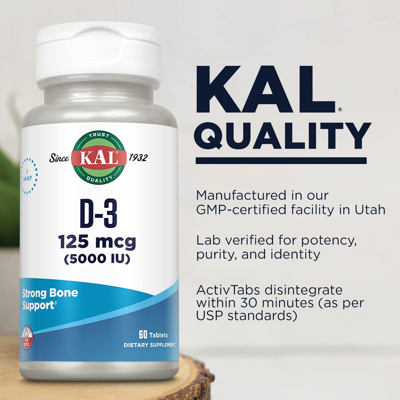 KAL Vitamin D3 5000 IU 125 mcg, High Potency Vitamin D Tablets, Calcium Absorption, Bone Health and Immune Support Supplement, Rapid Disintegration D-3 ActivTabs, 60-Day Guarantee, 60 Serv, 60 Tablets 60 Count (Pack of 1)