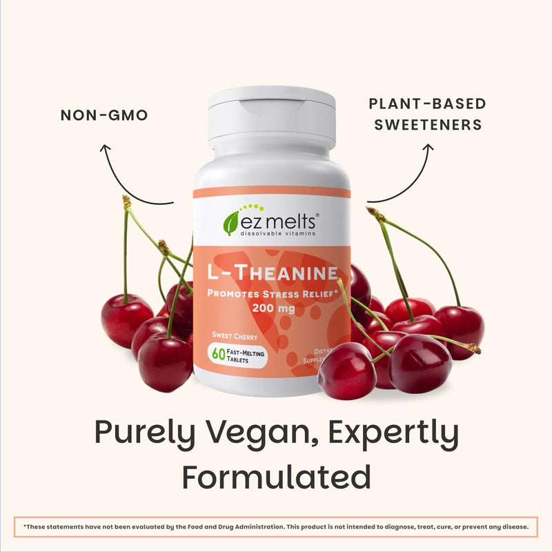 EZ Melts L-Theanine 200 mg - Stress & Relaxation Support Supplement - No Artificial Flavors - No Drowsiness - Non-GMO & Vegan - Sweet Cherry - 120 Dissolvable Tablets (60 Servings) 60 Count (Pack of 2)