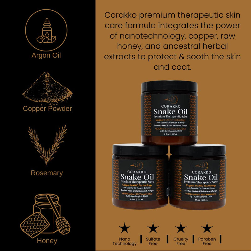 Corakko Snake Oil - Premium Therapeutic Salve - Copper NANO Technology with Essential Oil Extracts & Honey - Treats Wounds, Scratches, Hotspots, Rain Rot, Bites, Cracked Hooves, Summer Sores - 8oz - PawsPlanet Australia