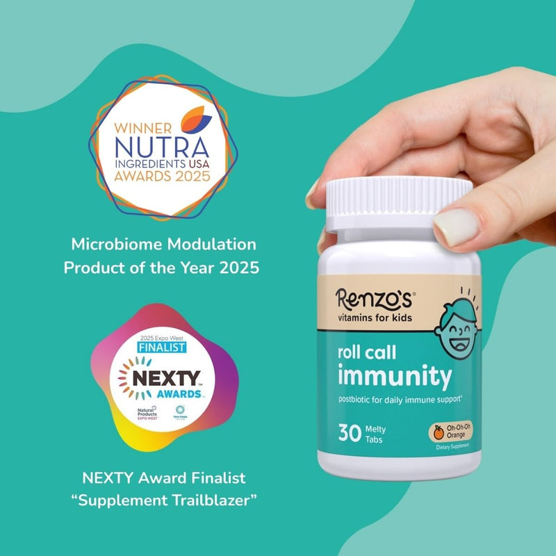 Renzo's Roll Call Immunity Kids Immune Support, Dissolvable Tabs, 30-Count | Clinically-Studied IMMUSE Postbiotic & Probiotic Immunity Blend, Classroom Support, Sugar-Free, Orange Flavor, 1-Month Supply