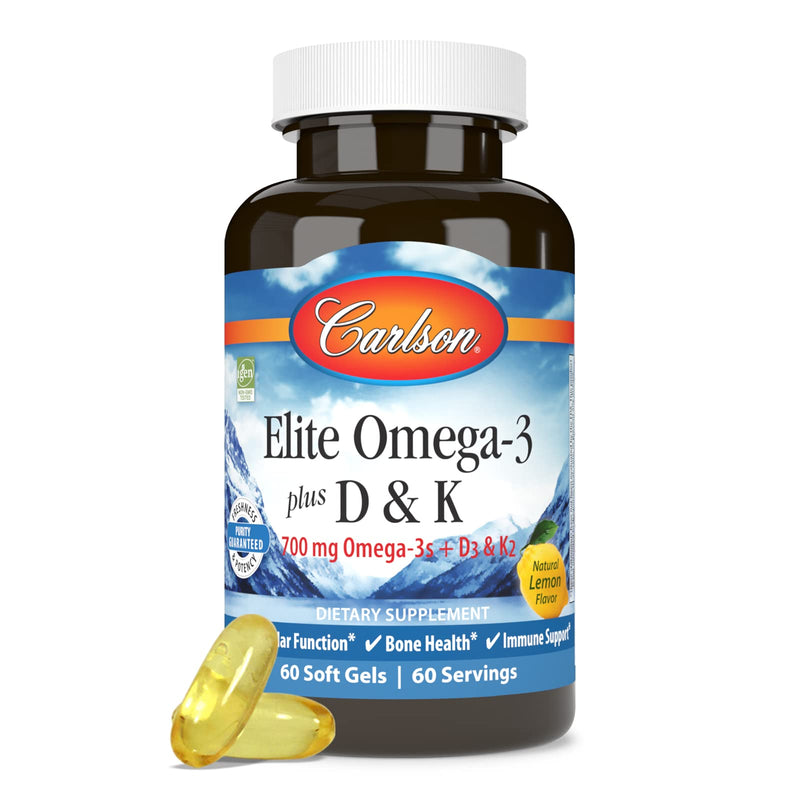 Carlson Elite Omega-3 Plus D & K, 700 mg, Omega-3s, Lemon, 60 Softgels | plus Vitamin D3 and K2 as MK-7 60 Count (Pack of 1)