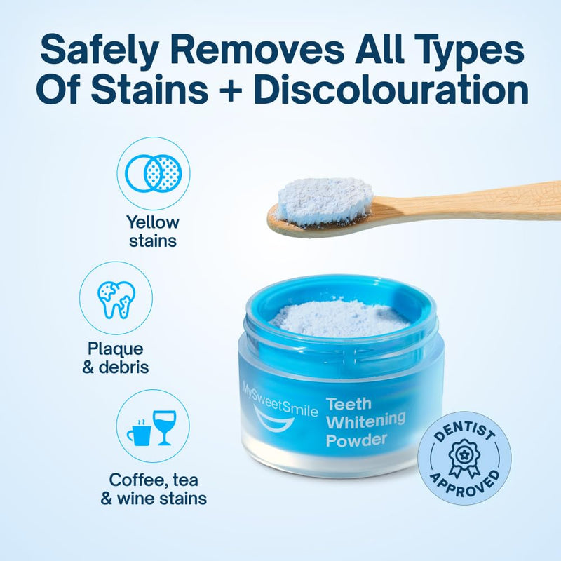 MySweetSmile Teeth Whitening Powder - Dentist-Approved & Enamel-Safe | 6 Month Supply | Tea, Coffee, Wine & Smoking Stain Remover | Non-Sensitive Formula | Peroxide Free | Cool Mint Flavour - BeesActive Australia