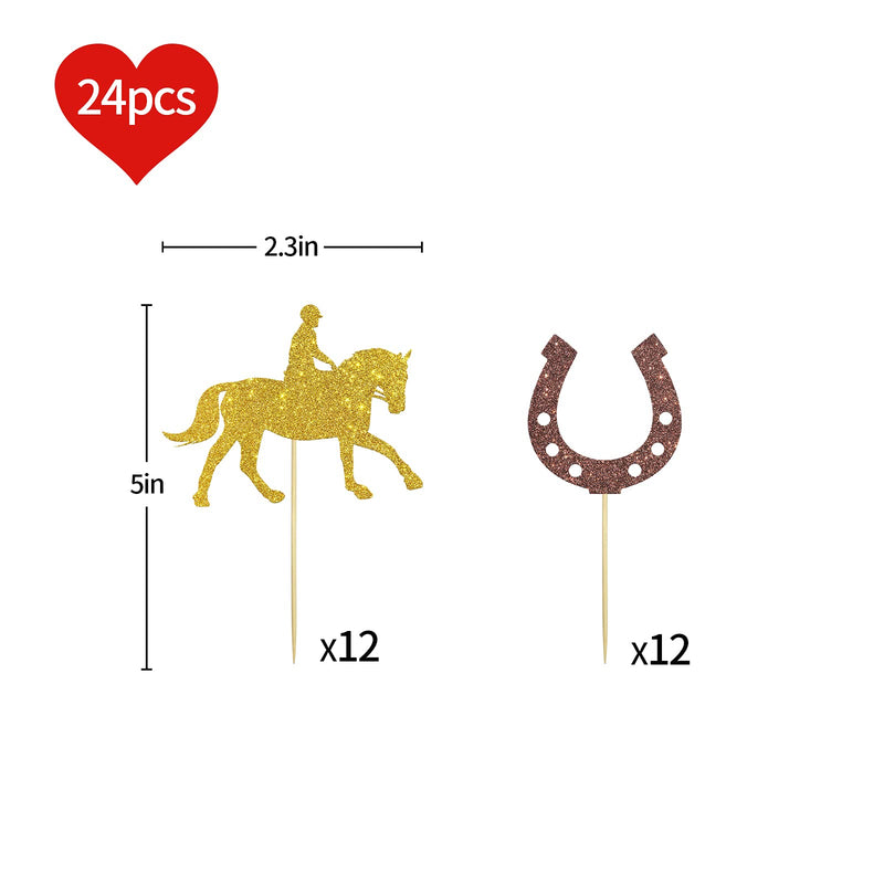 24PCS Kentucky Derby Cupcake Toppers, Equestrian Horse Themed Party Decor, Baby Shower Party Supplies, Horseshoe Sign Food Picks, Gold Glitter - BeesActive Australia