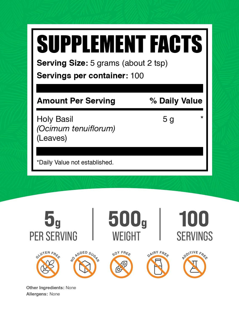 BulkSupplements.com Holy Basil Powder - Holy Basil Supplement, Holy Basil Leaf Powder - Tulsi Holy Basil, Herbal & Gluten Free, 5g per Serving, 500g (1.1 lbs) (Pack of 1) 17.64 Ounce (Pack of 1) - BeesActive Australia