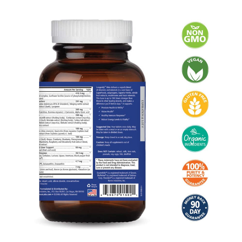 PURE ESSENCE LABS Longevity Multivitamin for Men Over 40 - Super Energetic with Superfoods, Minerals, Enzymes, Vitamin D3, B12, Biotin - 120 Tablets