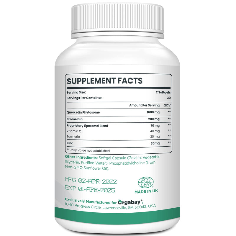 Orgabay Liposomal Quercetin Phytosome 1600 mg,Bromelain 200mg,Zinc 30mg,Vitamin C Turmeric 40 mg,Highest Absorption,Quercetin Complex, 60 Softgels 60 Count (Pack of 1)
