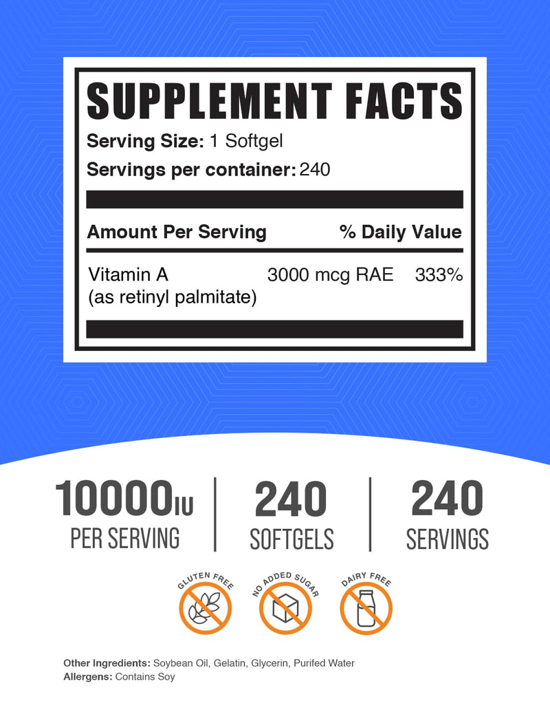 BulkSupplements.com Vitamin A 10000 IU Softgels - as Retinyl Palmitate, Vitamin A Supplement - for Eye & Immune Support, Gluten Free, 1 Softgel per Serving, 240 Count (Pack of 1) 240 Count (Pack of 1) - BeesActive Australia