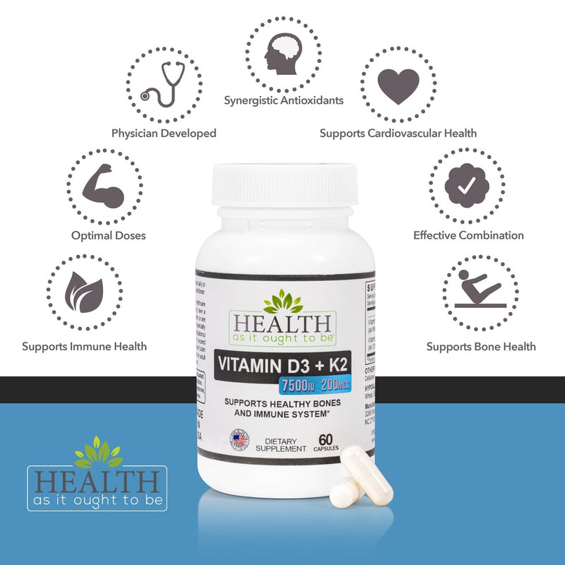 Health As It Ought To Be D3 + K2 | D3 7500 IU + K2 200mcg | 60 Capsules | Paired nutrients support bone strength, cardiovascular wellness, immune function, calcium utilization and healthy aging Vitamin D3 7500 Iu + K2 200 Mcg - 60 Capsules