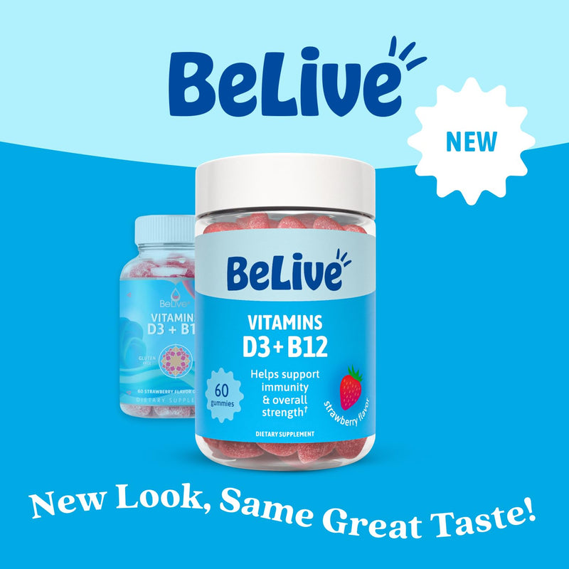 BeLive Vitamin D3 & B12 Gummies, 2000iu, Immune Support Supplement, 60 Ct | Heart Health & Enhanced Bone, Teeth, & Muscle Function - Sunshine Vitamin with Delicious Strawberry Flavor, For Adults & Kids 60 Count (Pack of 1)
