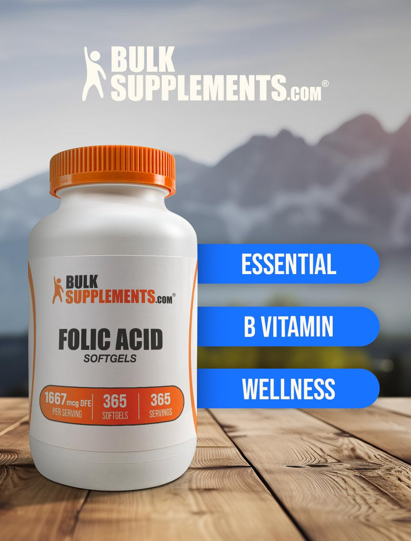 BulkSupplements.com Folic Acid Softgels - Vitamin B9, Folic Acid 1000 mcg, Folate Supplement - Gluten Free, 1 Softgel per Serving, 365 Count (Pack of 1) 365 Count (Pack of 1)
