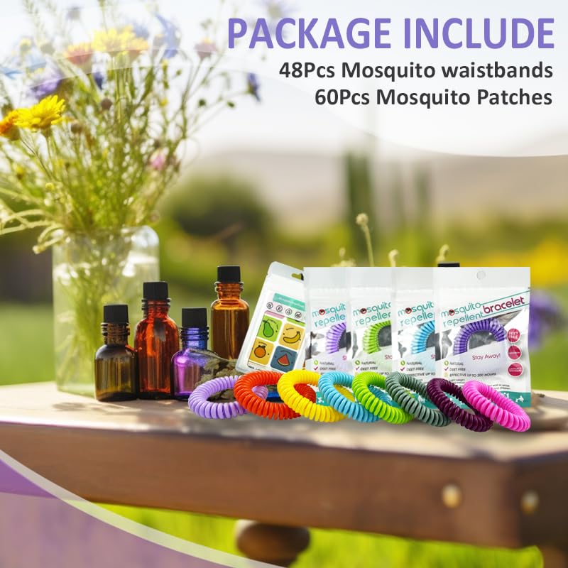 48 Pack Mosquito Repellent Bracelets, Individually Wrapped DEET-Free Insect & Bug Repellent Wrist Bands with 60 Pack Mosquito Patches for Kids & Adults Outdoor Camping Fishing Traveling