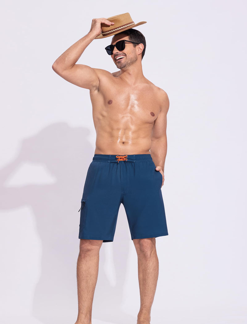 SILKWORLD Mens Swim Trunks Quick Dry Bathing Suit 9 Inch Swim Shorts with Mesh Lining and Zipper Cargo Pockets Navy Blue X-Large
