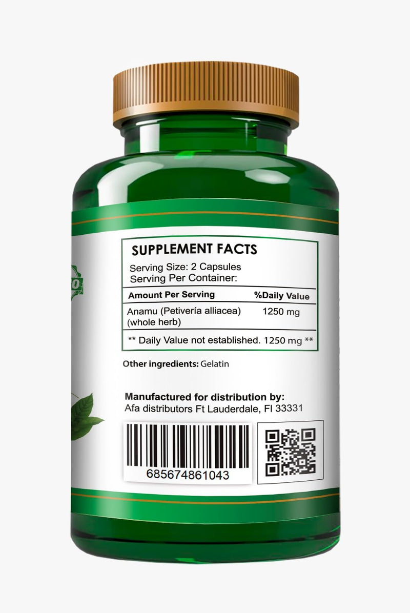 Organic Vitamins Anamu 1250mg 100% Organically Grown 120 Capsules Petiveria Allicea 120 Count (Pack of 1)