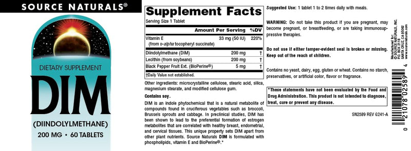 Source Naturals, DIM, Diindolylmethane - 200mg - 60 Tablets | Supports Womens Health | Made With BioPerine, Vitamin E & More | Contains Soy