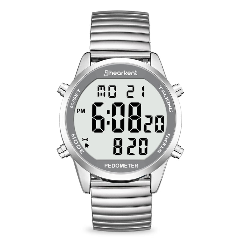 Hearkent Digital Talking Watch with Pedometer,Announces time/Date/Steps/Calories in English,Gift for Elderly,Blind&Visually impaired,5 Alarm Reminders+Hourly Chime,EL Backlight Matte silver expansion band