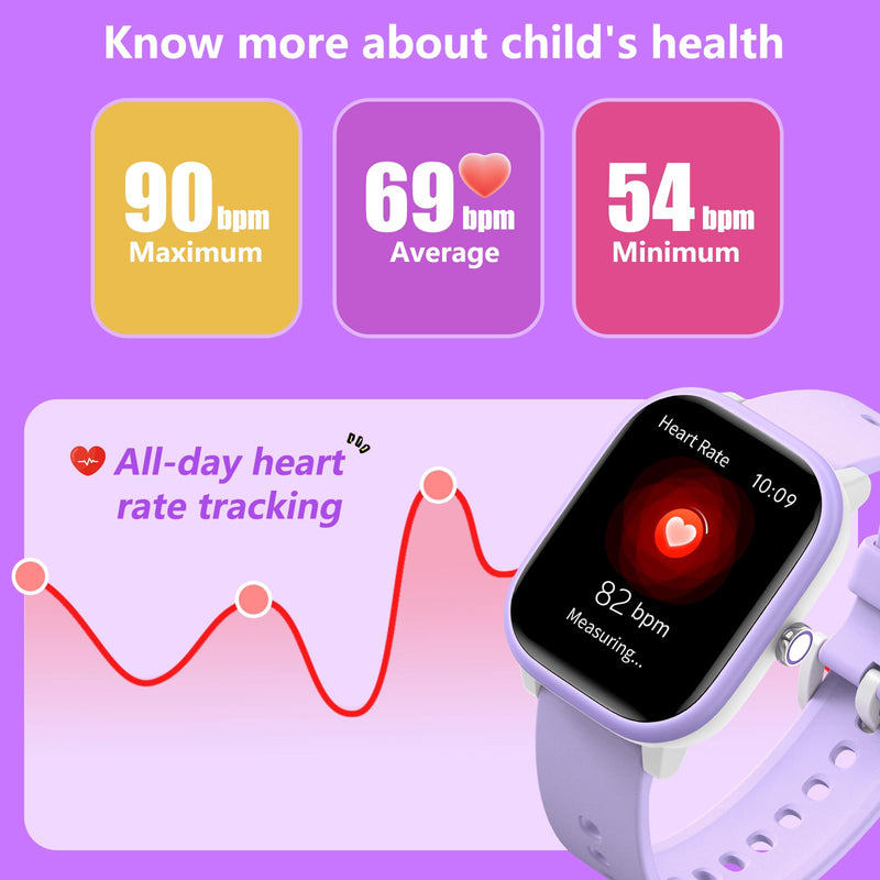 Kids Wach for Girls Boys 6-15 Year Old - Smart Watch for Kids 1.8" Fitness Tracker,No Phone needed,Pedometer Sleep Monitor Heart Rate Waterproof,Puzzle Game for Girls Boys Teens Birthday Gift (Purple) Purple - BeesActive Australia