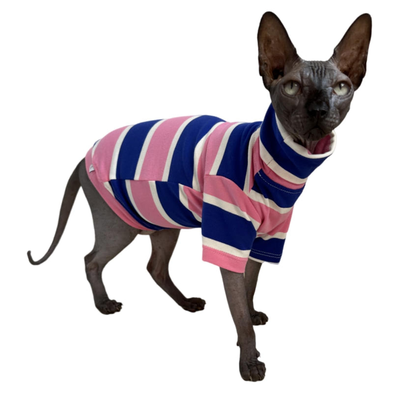 Vintage Stripes Sphynx Hairless Cats Shirt Cotton Cat Turtleneck Pet Clothes Kitten T-Shirts with Sleeves for Sphynx Cats (Wide Pink Blue Stripe, Large) Wide Pink Blue Stripe - BeesActive Australia